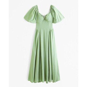 Abercrombie & Fitch Drama Puff Sleeve Tie Midi Dress Sage Green – Extra Small XS